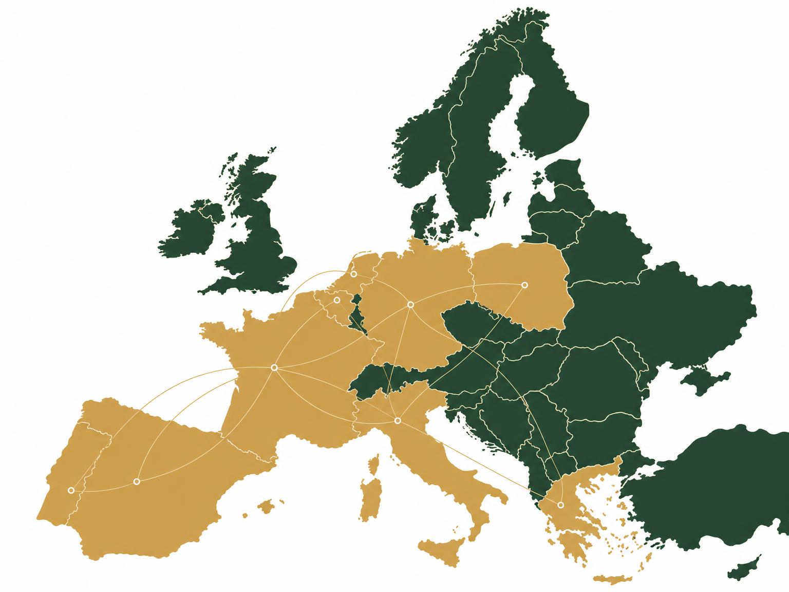 Mapa de Europa con los mercados de Revivalia Fruit destacados en dorado